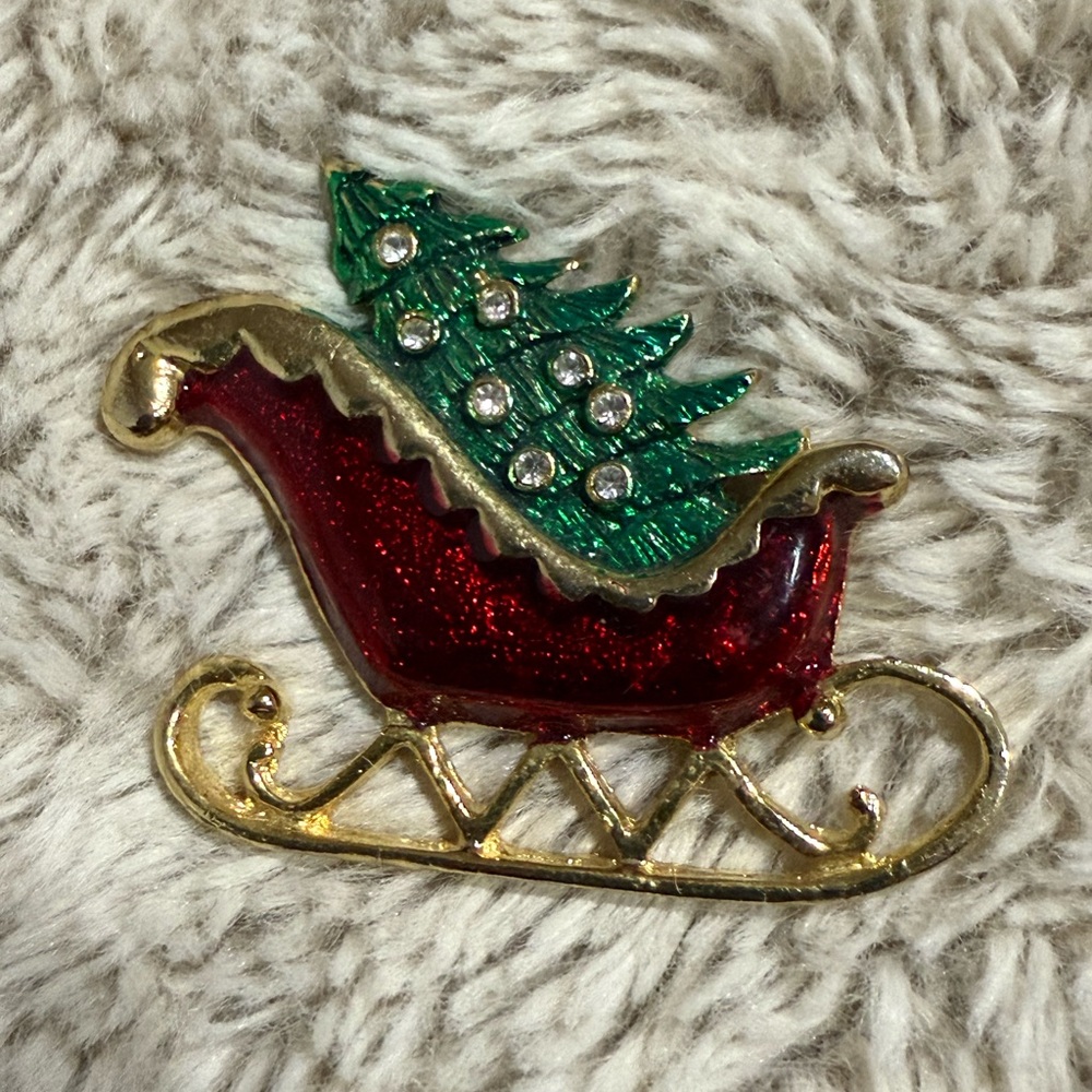 Vintage Metallic Gold & Red Sleigh Tone Shape Brooch Pin Jewelry Christmas Tree